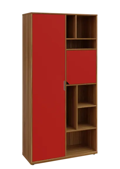 KSR6-83 L skříň šatní, 1x výsuvné ramínko, dvířka, niky, 2053x1022x400 mm, provedení levé, ořech světlý/červená